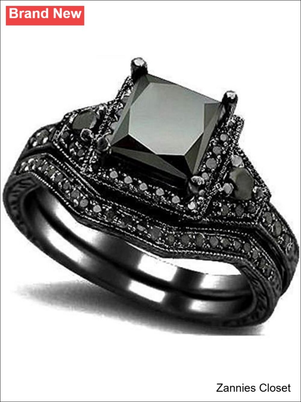 💍 Princess Cut Anniversary Wedding Bridal Ring Set Black Rhodium Plated on